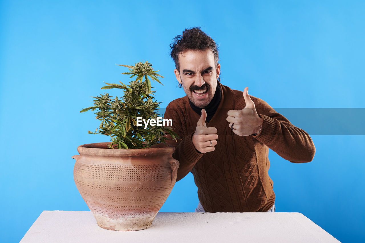 one person, adult, men, blue, flowerpot, plant, potted plant, portrait, nature, houseplant, young adult, colored background, blue background, indoors, studio shot, front view, growth, lifestyles, beard, emotion, smiling, copy space, facial hair, business, happiness, holding, standing, person, looking at camera