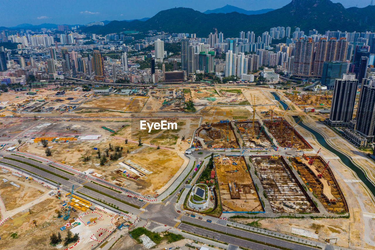 High angle view of city buildings