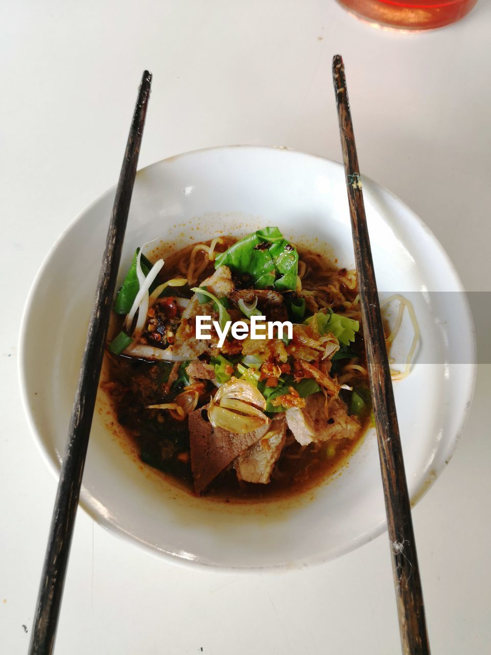 High angle view of soup in bowl on table