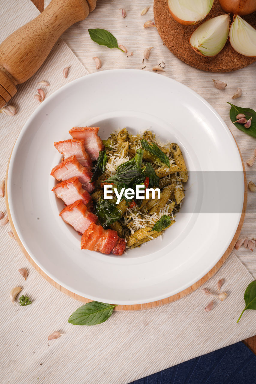 High angle view of food in plate on table