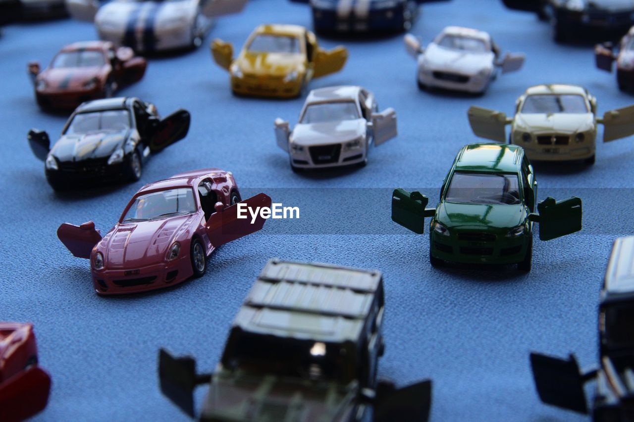 High angle view of toy car on table