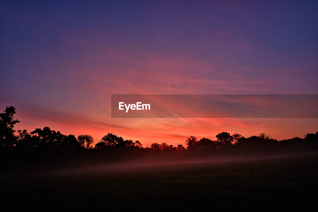 SCENIC VIEW OF SILHOUETTE TREES ON FIELD AGAINST SKY AT SUNSET