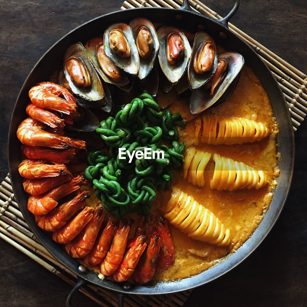 High angle view of seafood in plate on table