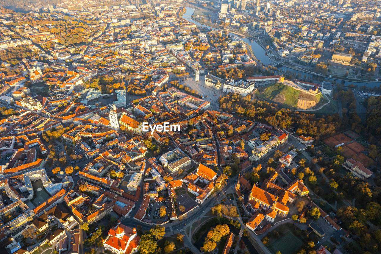 Aerial autumn fall sunrise view of vilnius oldtown, lithuania