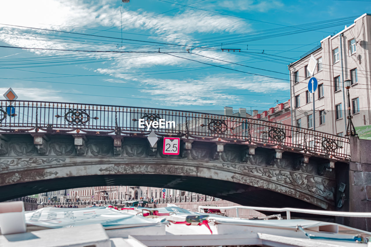 Bridge over canal in city against sky