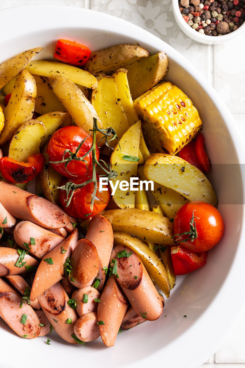 high angle view of food in bowl on table