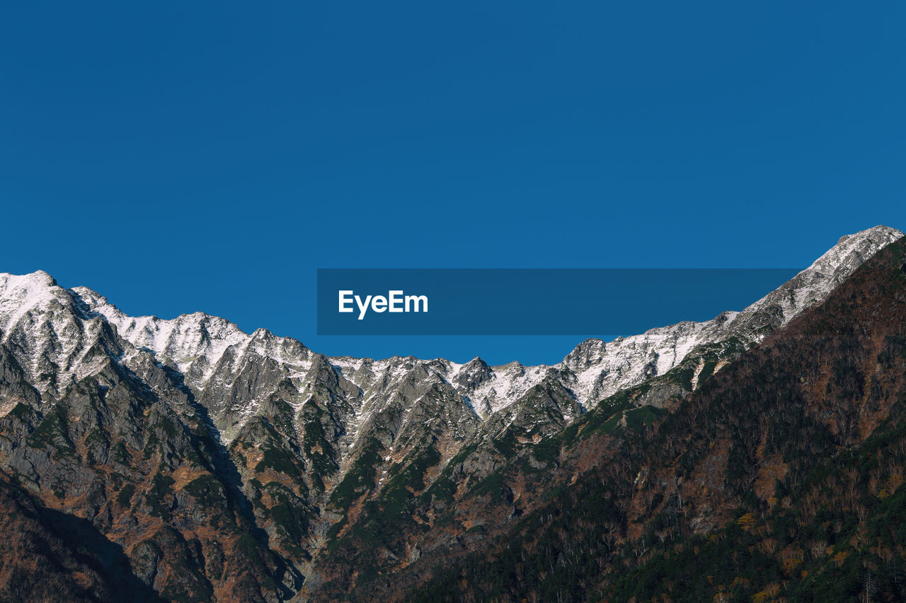 Low angle view of rocky mountains against clear blue sky