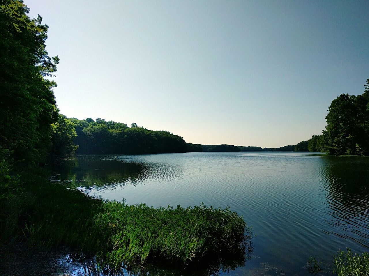 SCENIC VIEW OF CALM LAKE AGAINST CLEAR SKY