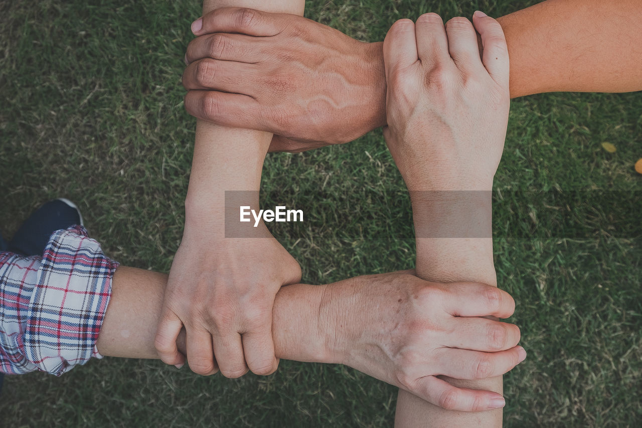 Cropped image of friends holding hands against grass