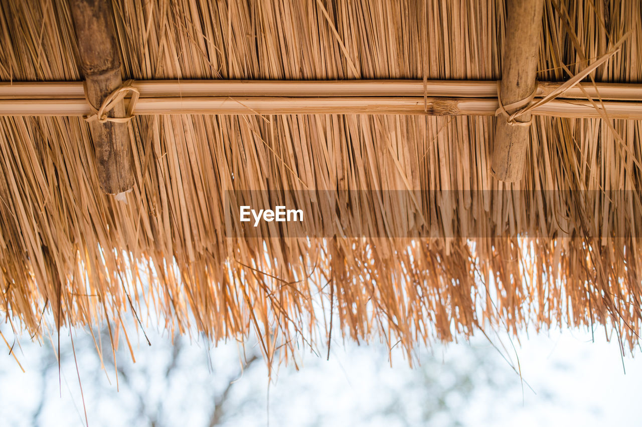 Low angle view of thatched roof against sky