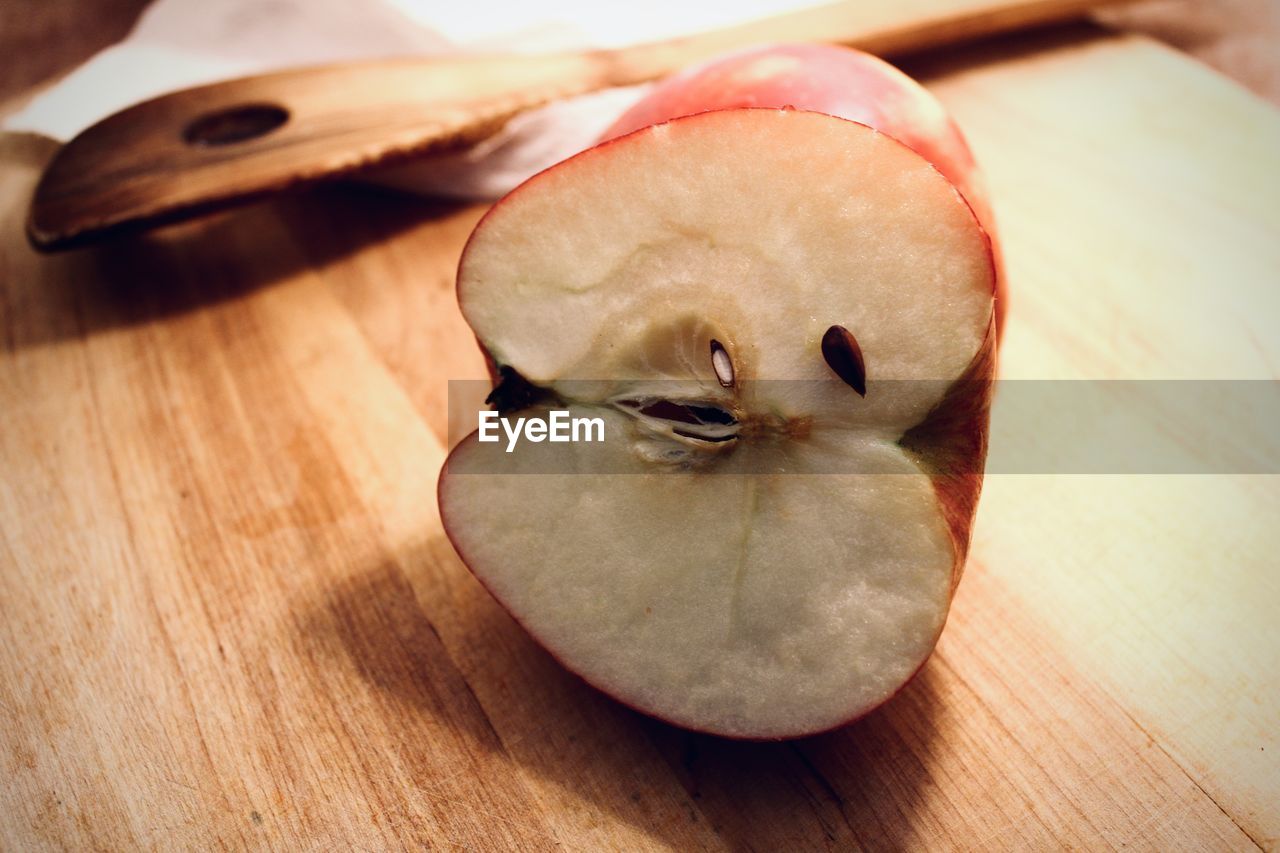 High angle view of apple on table