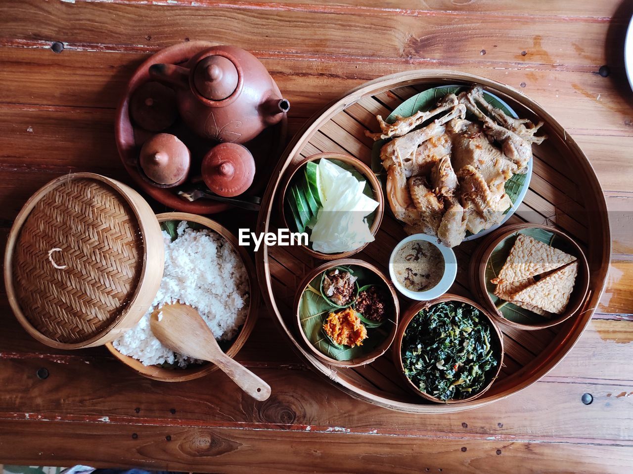 High angle view of eggs in bowl on table. it's called ingkung jawa.