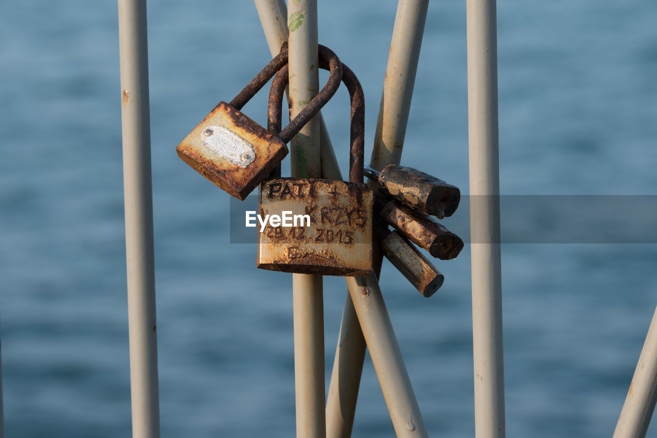 Close-up of rusty love locks on railing against seascape