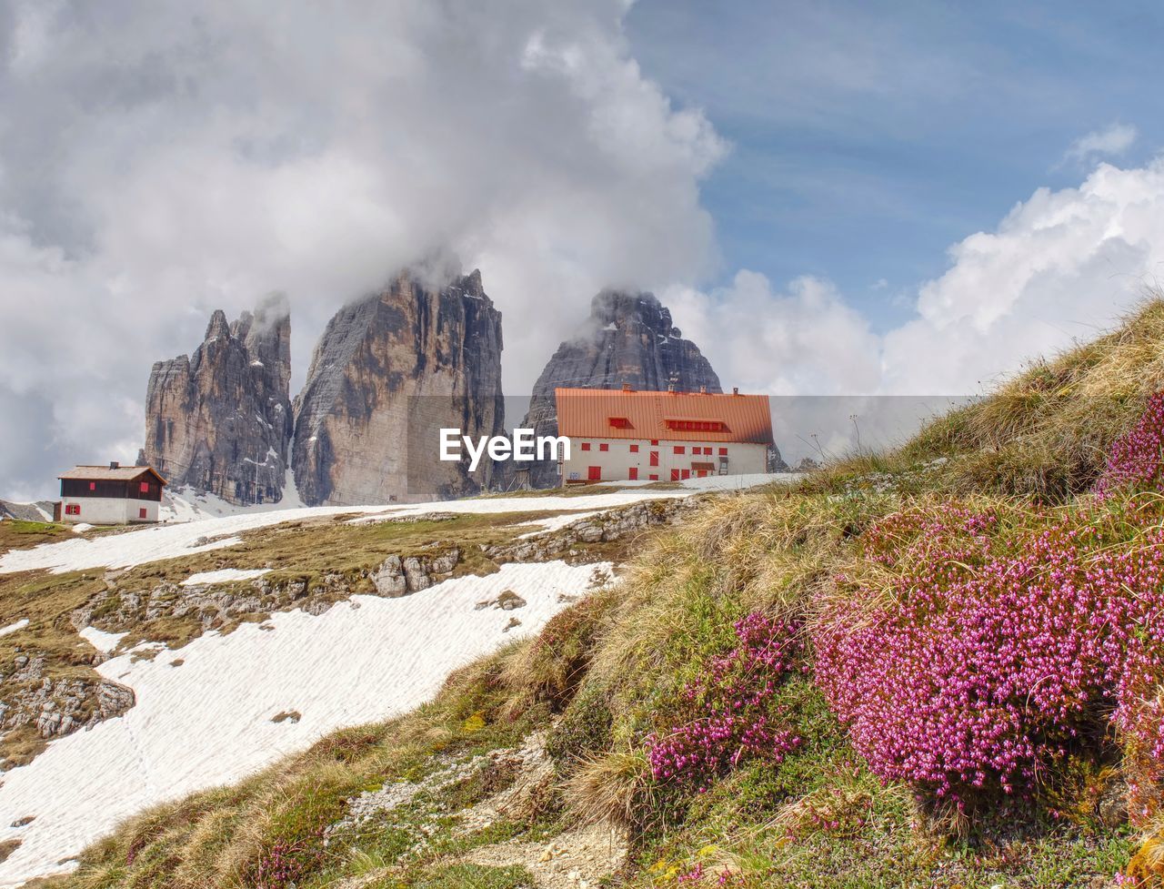 Dreizinnenhutte, italy. tourist chalet and restaurant with gorgeous view to tre cime di lavaredo.