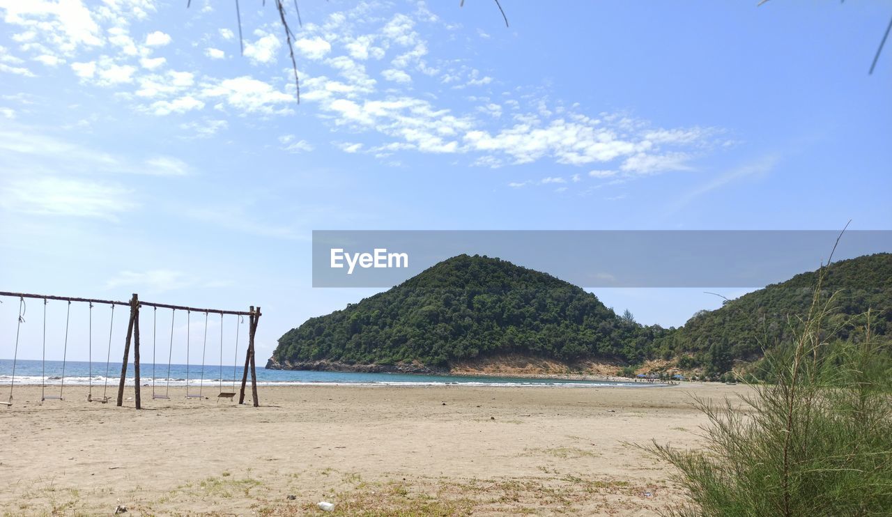 SCENIC VIEW OF BEACH BY MOUNTAINS AGAINST SKY