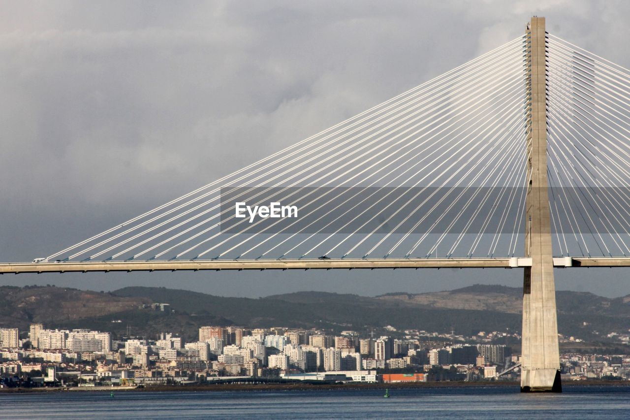 View of suspension bridge against cloudy sky