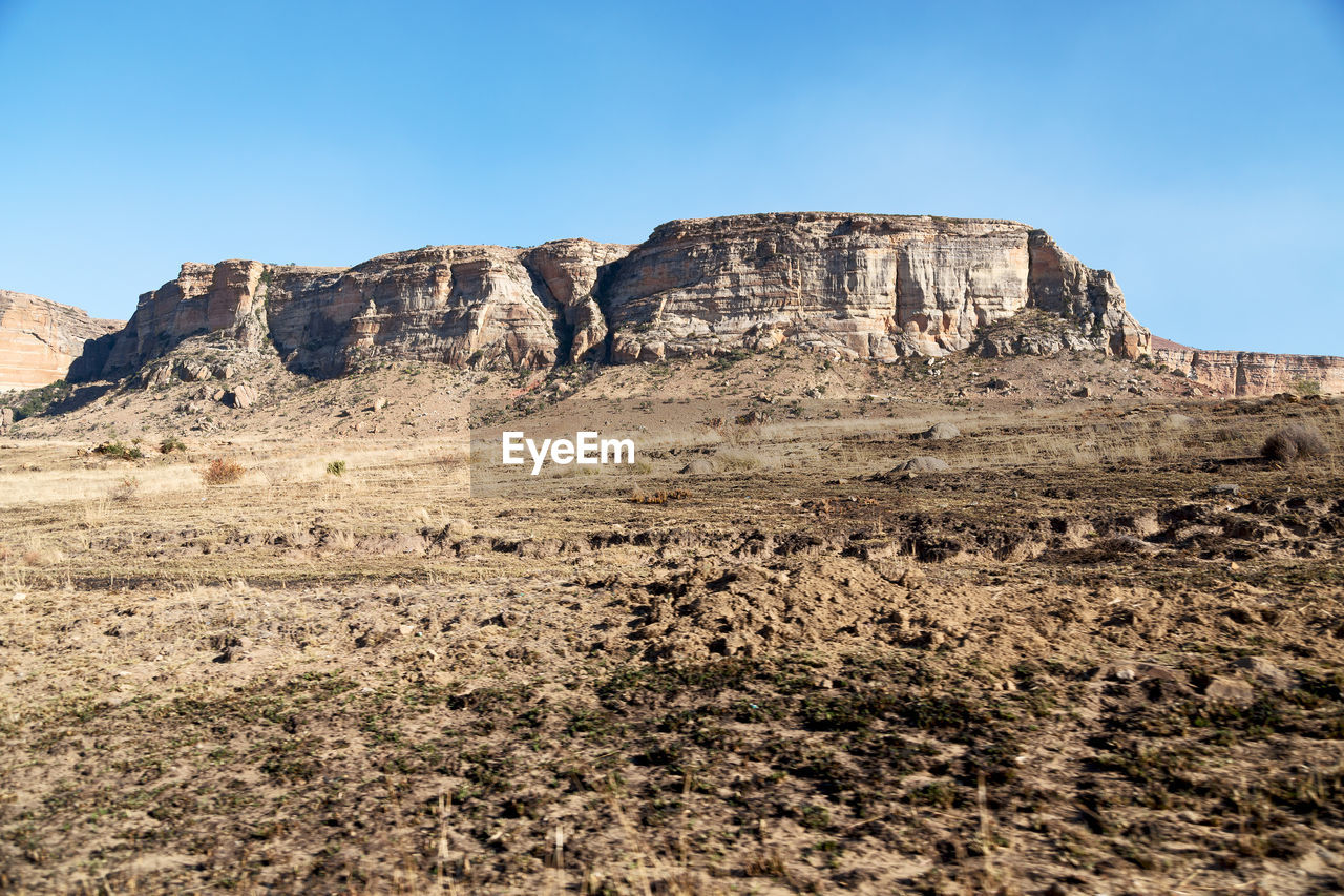 Rock formations on landscape against clear sky