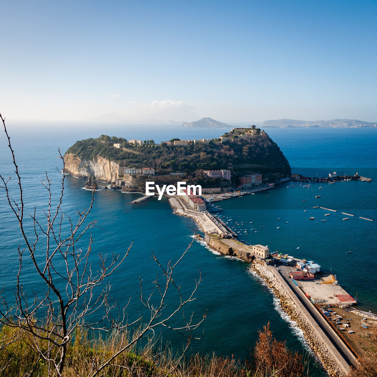 High angle view of sea against blue sky