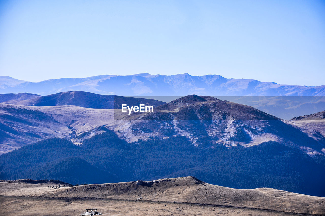 Scenic view of mountains against clear blue sky