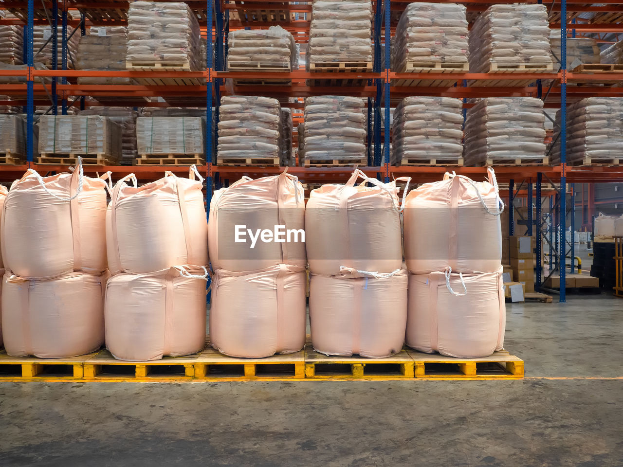 Stacking of bulk cargo in jumbo bags are store in warehouse.