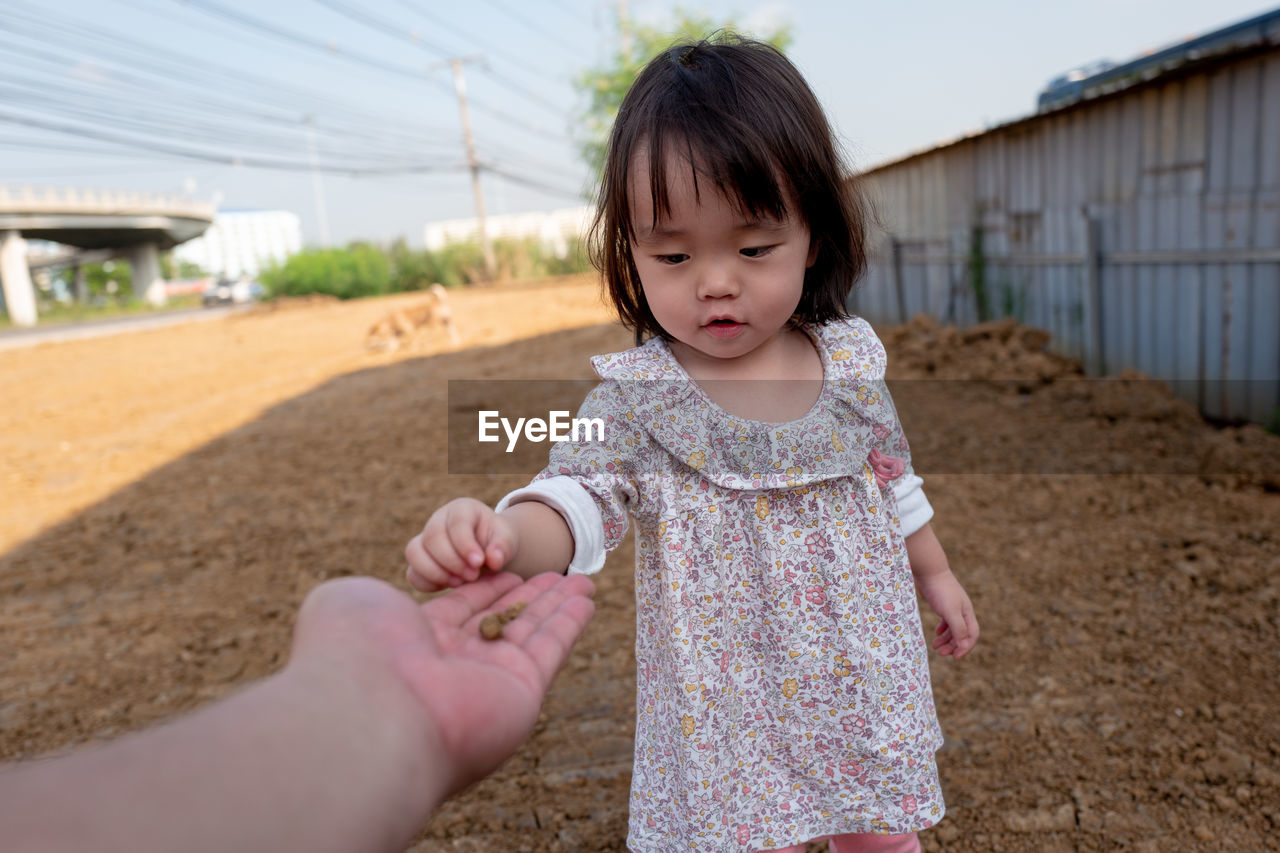 Baby girl giving stone to person on field