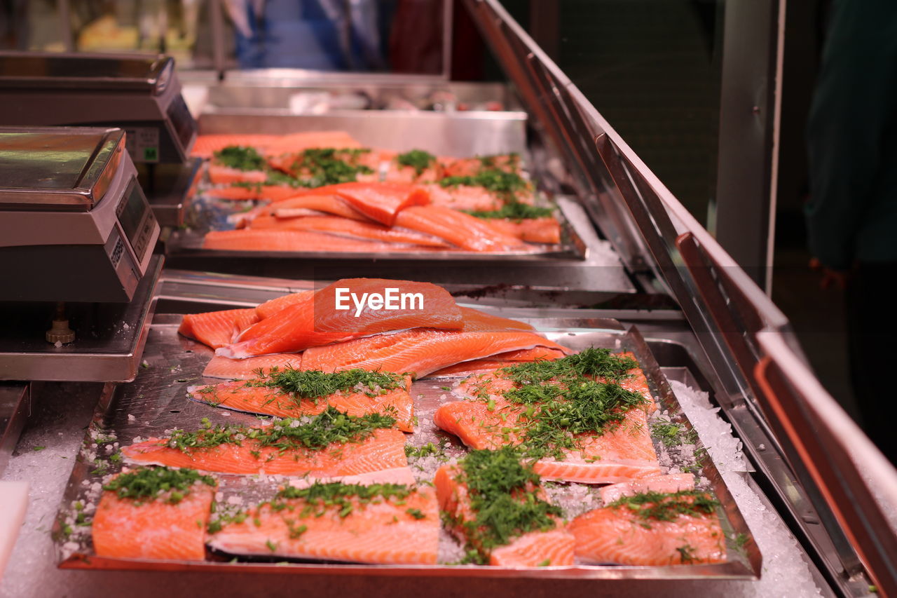 High angle view of fresh salmon at hakaniemi market hall