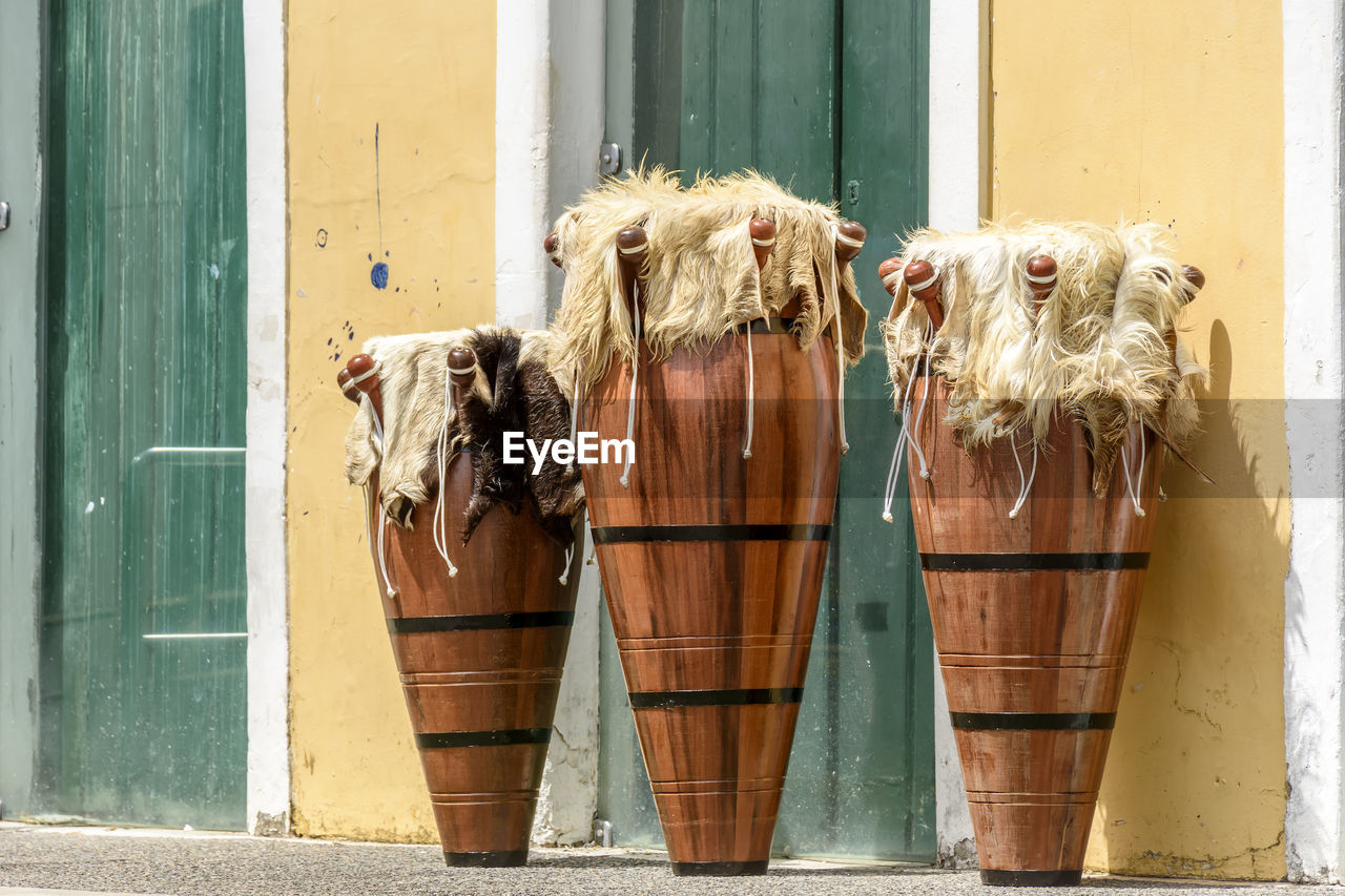 Ethnic drums also called atabaques on the streets of pelourinho, city of salvador in bahia