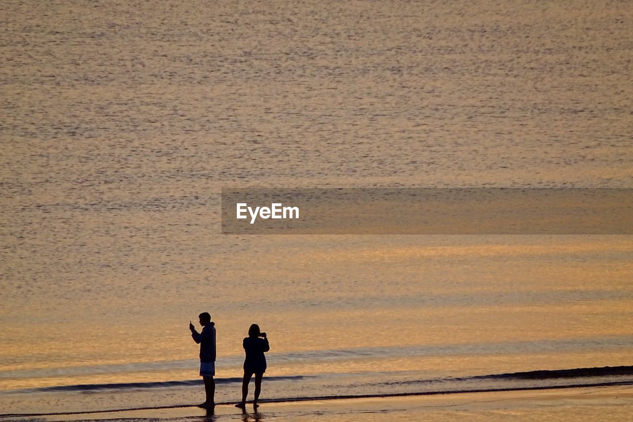 Rear view of people walking at beach against sky during sunset