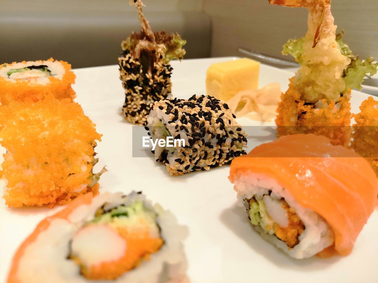 Close-up of sushi served in plate