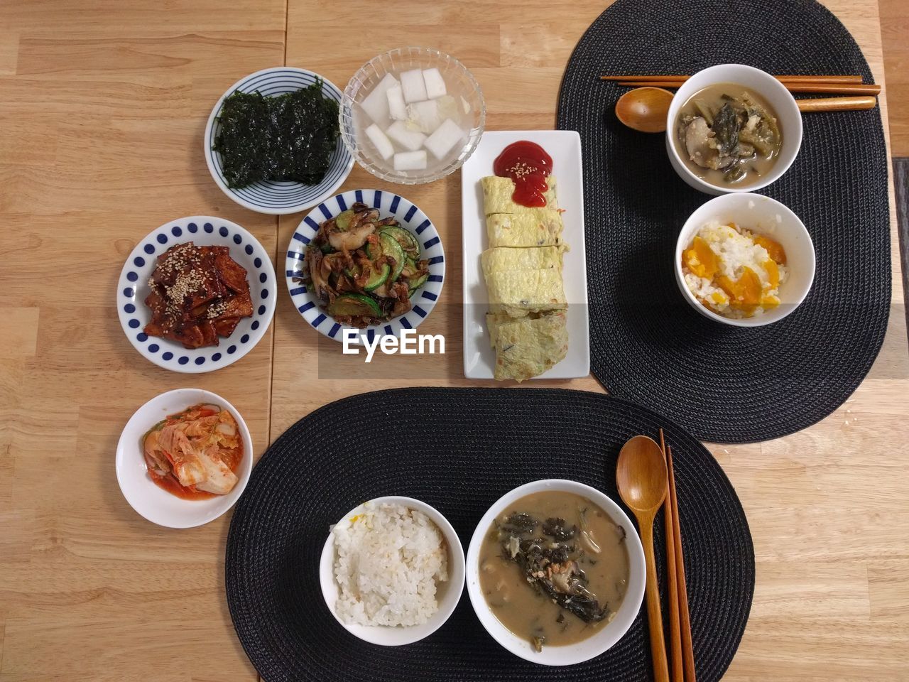 Directly above shot of meal served on wooden table