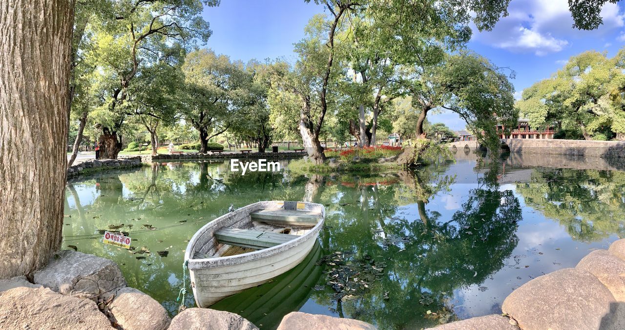 Scenic view of lake by trees against sky