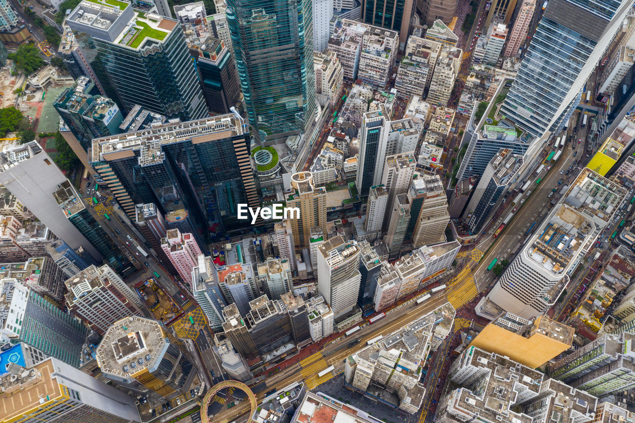 High angle view of street amidst buildings in city