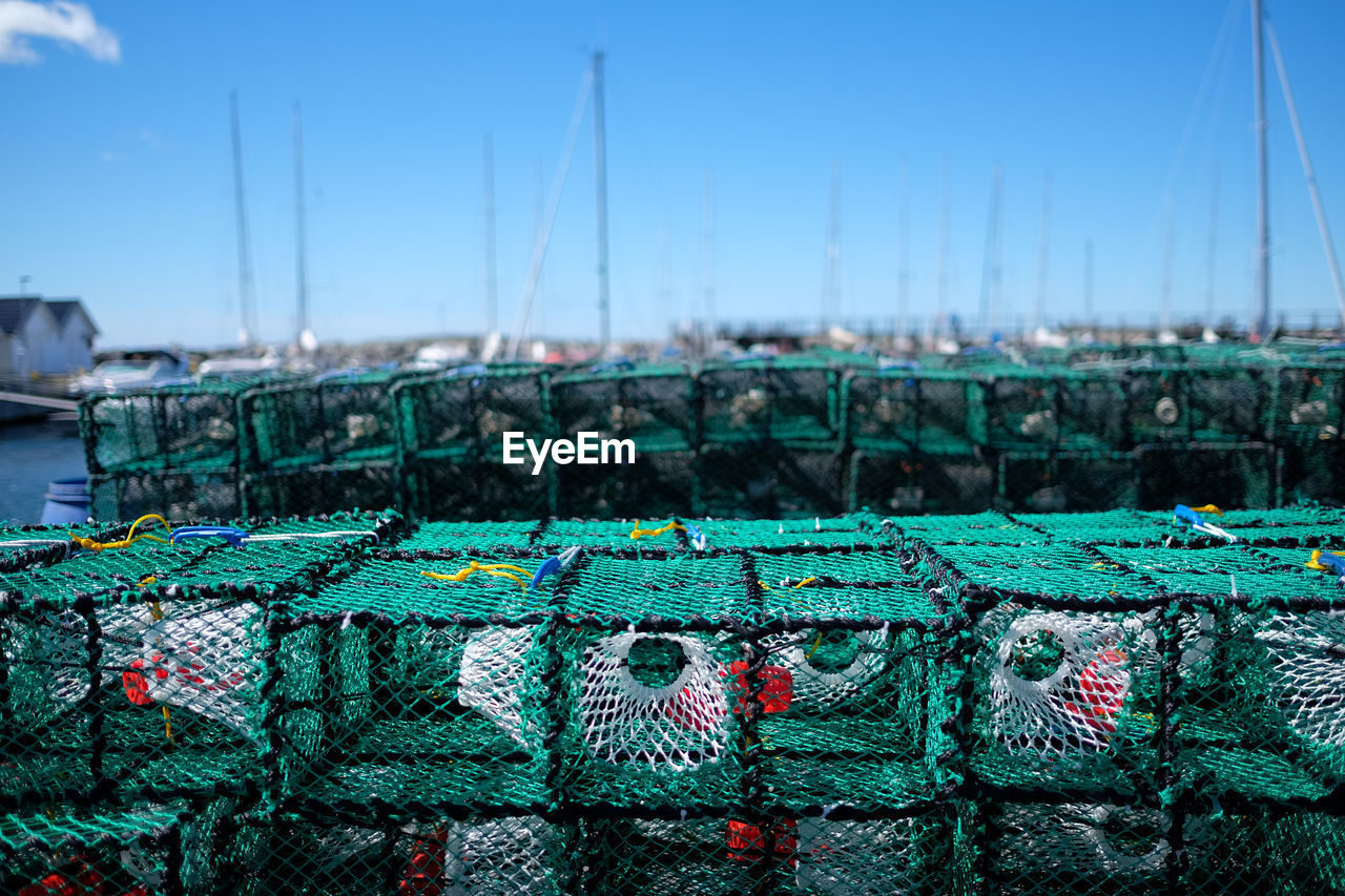 Of crab pots at harbor against clear sky