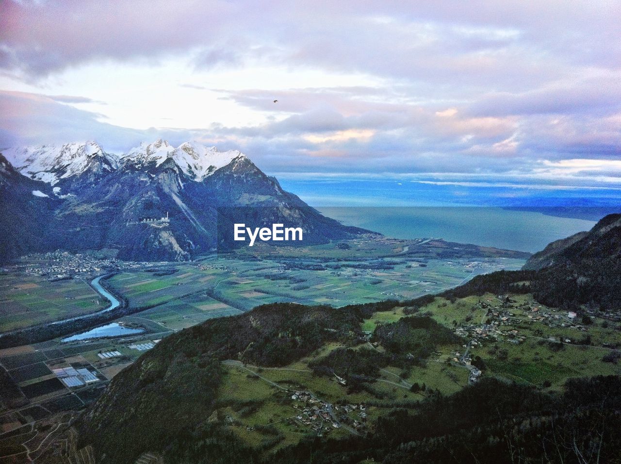 High angle view of mountains and landscape