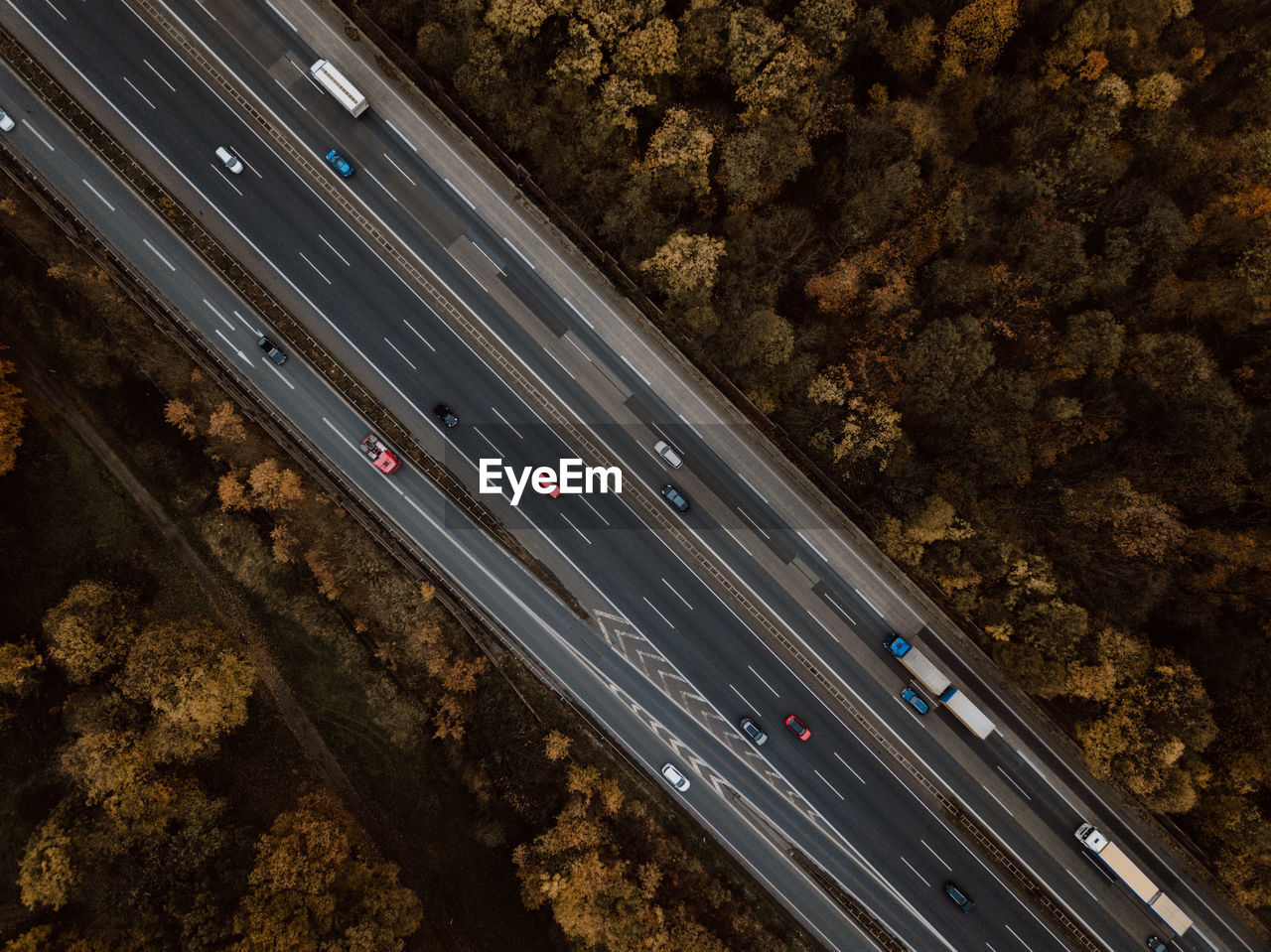 High angle view of cars moving on road amidst trees