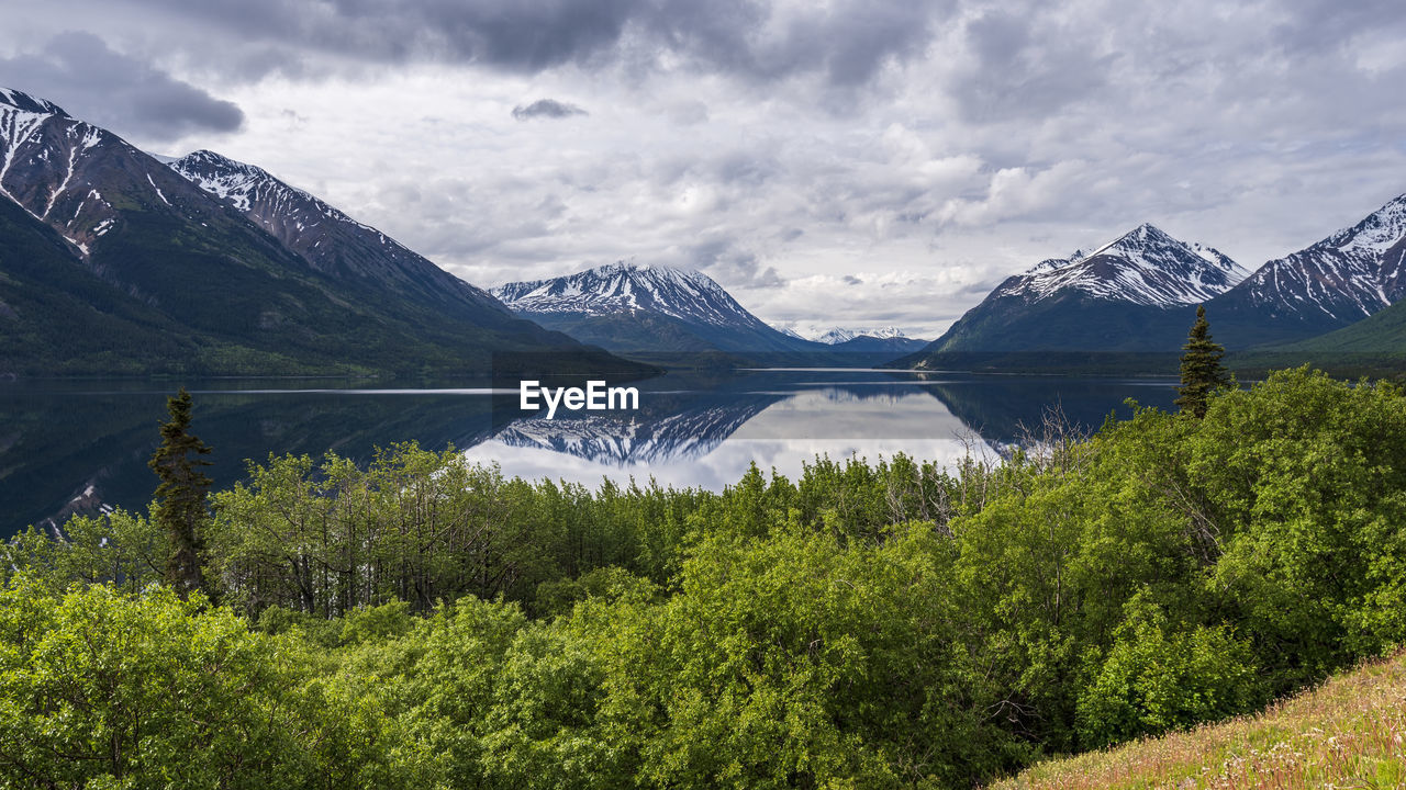 Scenic view of lake and mountains against sky