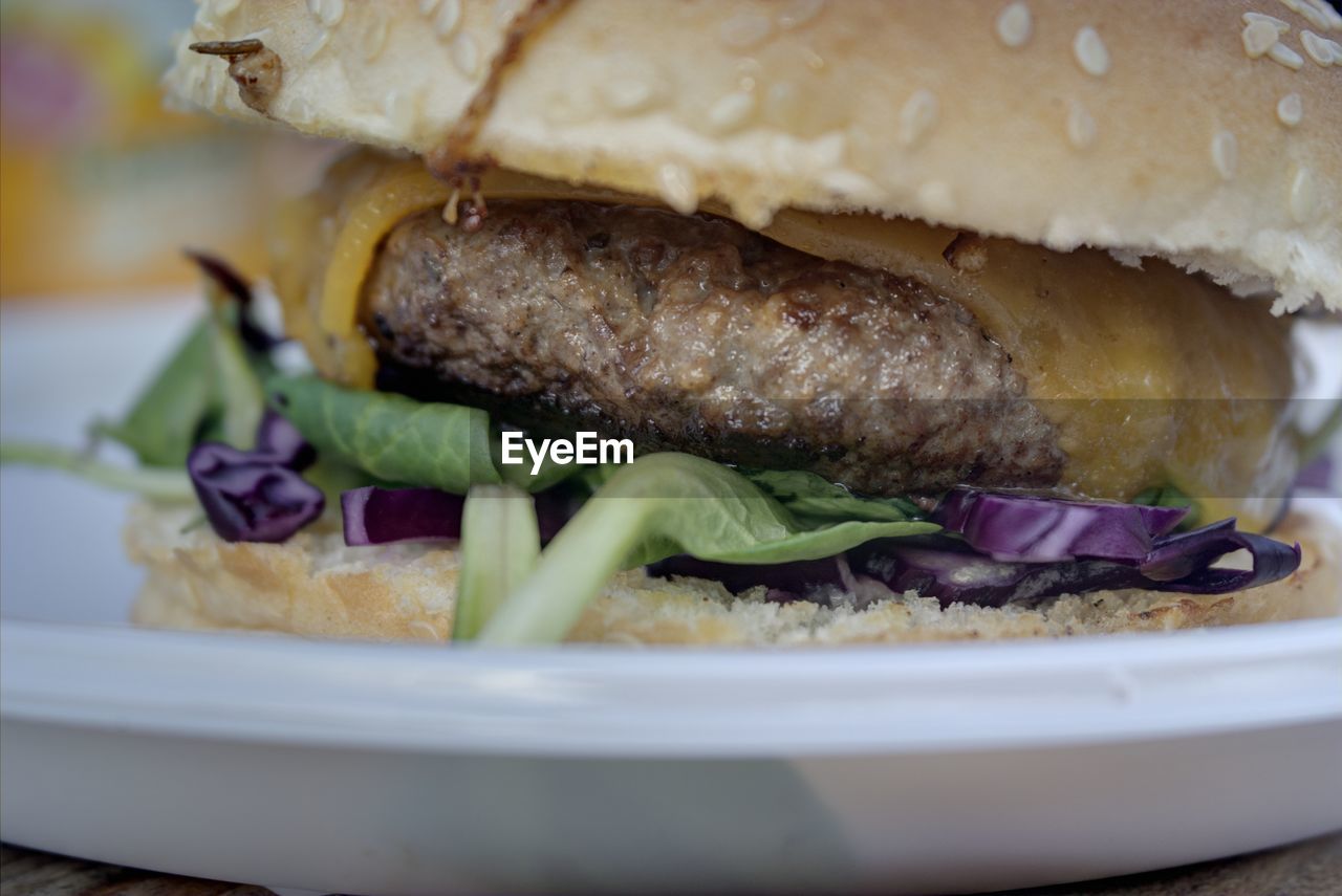 Extreme close up of burger in plate