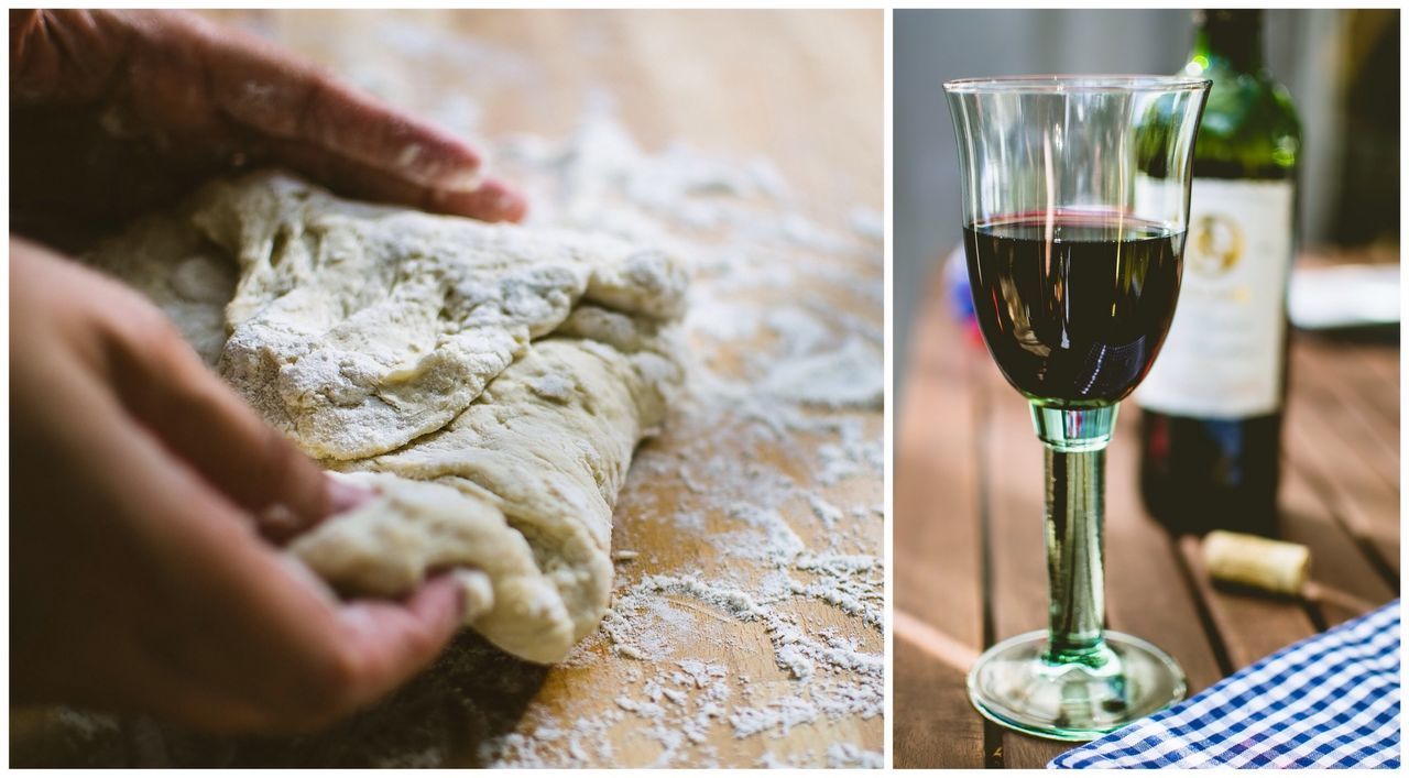 Collage of person kneading dough and wineglass