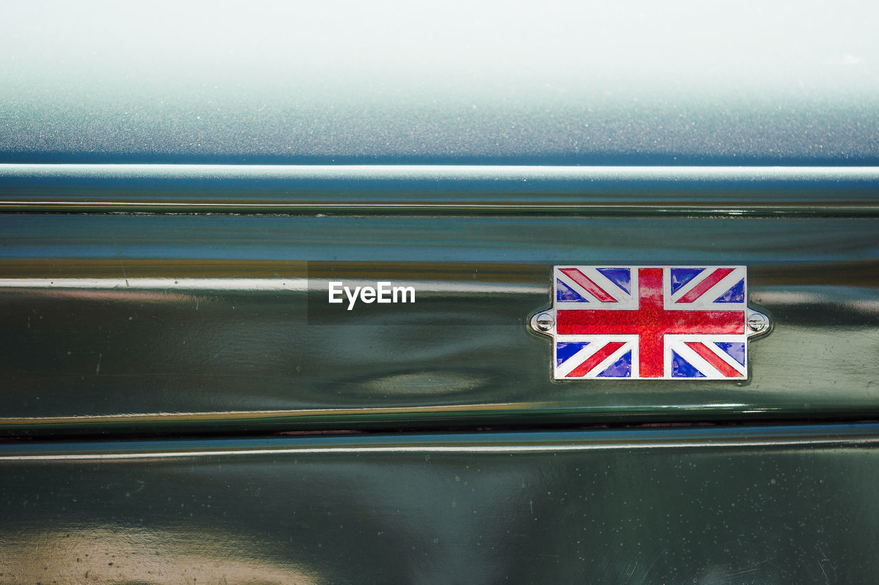 Close-up of british flag on car