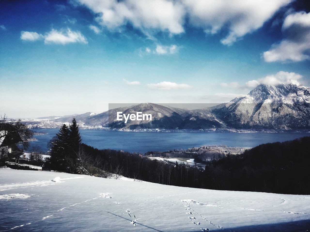 Scenic view of snowcapped mountains against sky