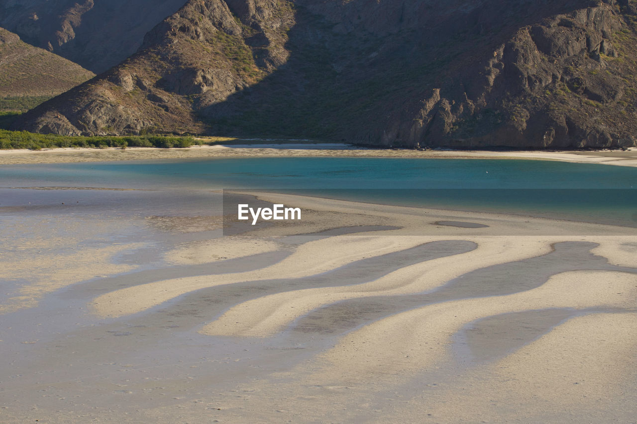 Scenic view of beach against mountain in balandra beach