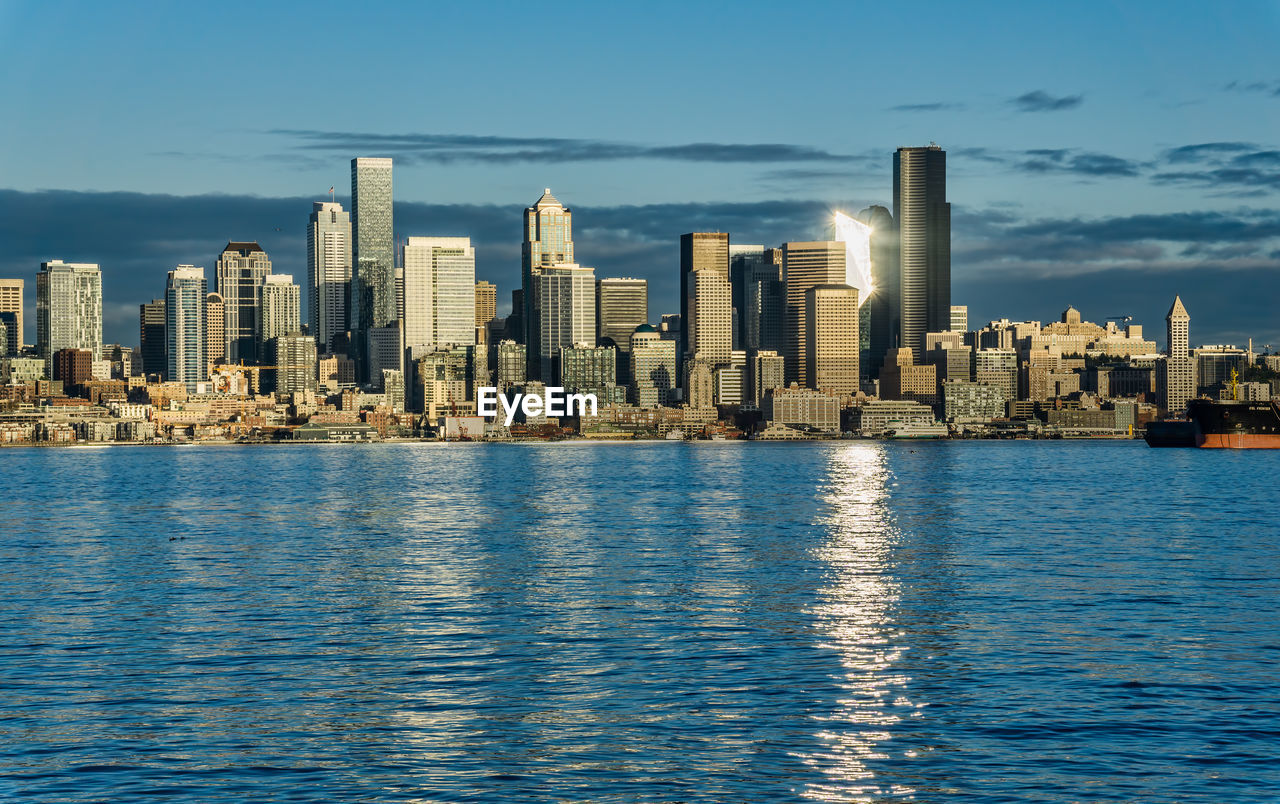 A view of skyscrapers in the seattle, washington skyline.