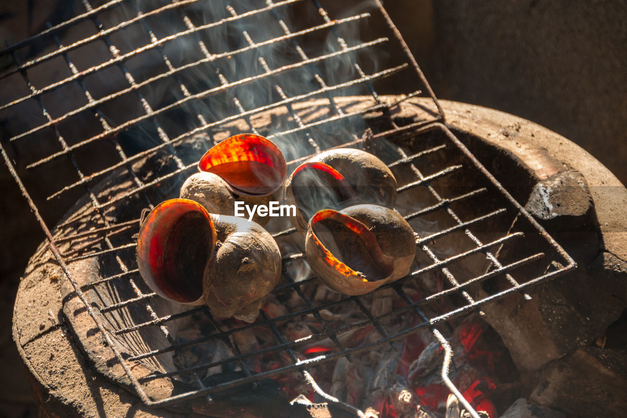 High angle view of meat on barbecue grill