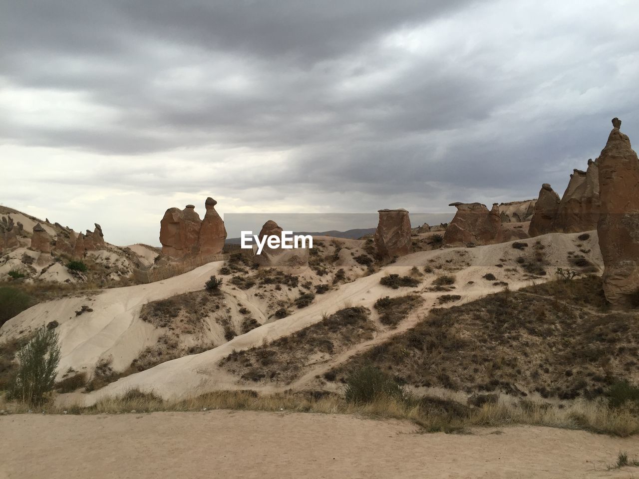 View of rock formations against cloudy sky