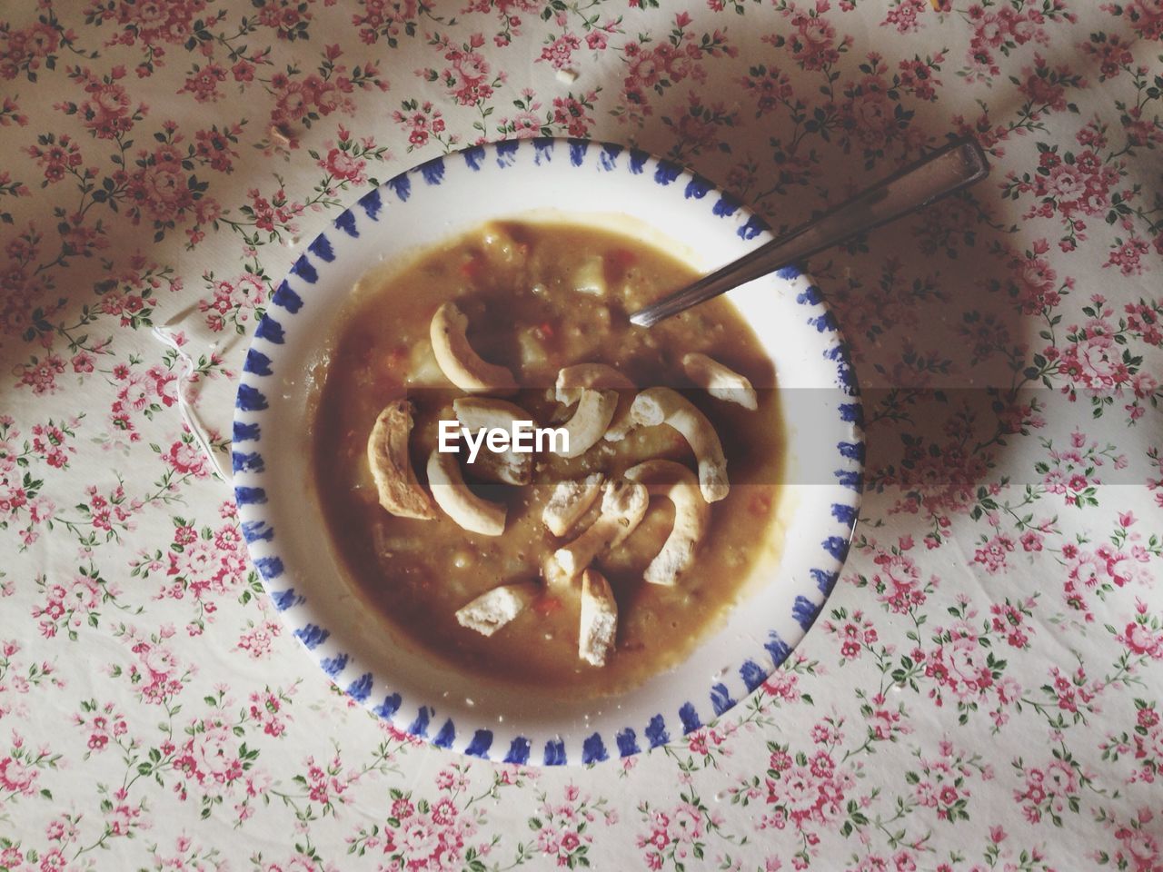 Directly above shot of soup in bowl on table