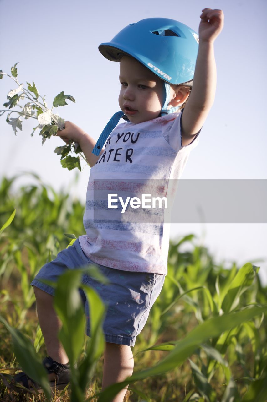 Rear view of boy standing amidst plants