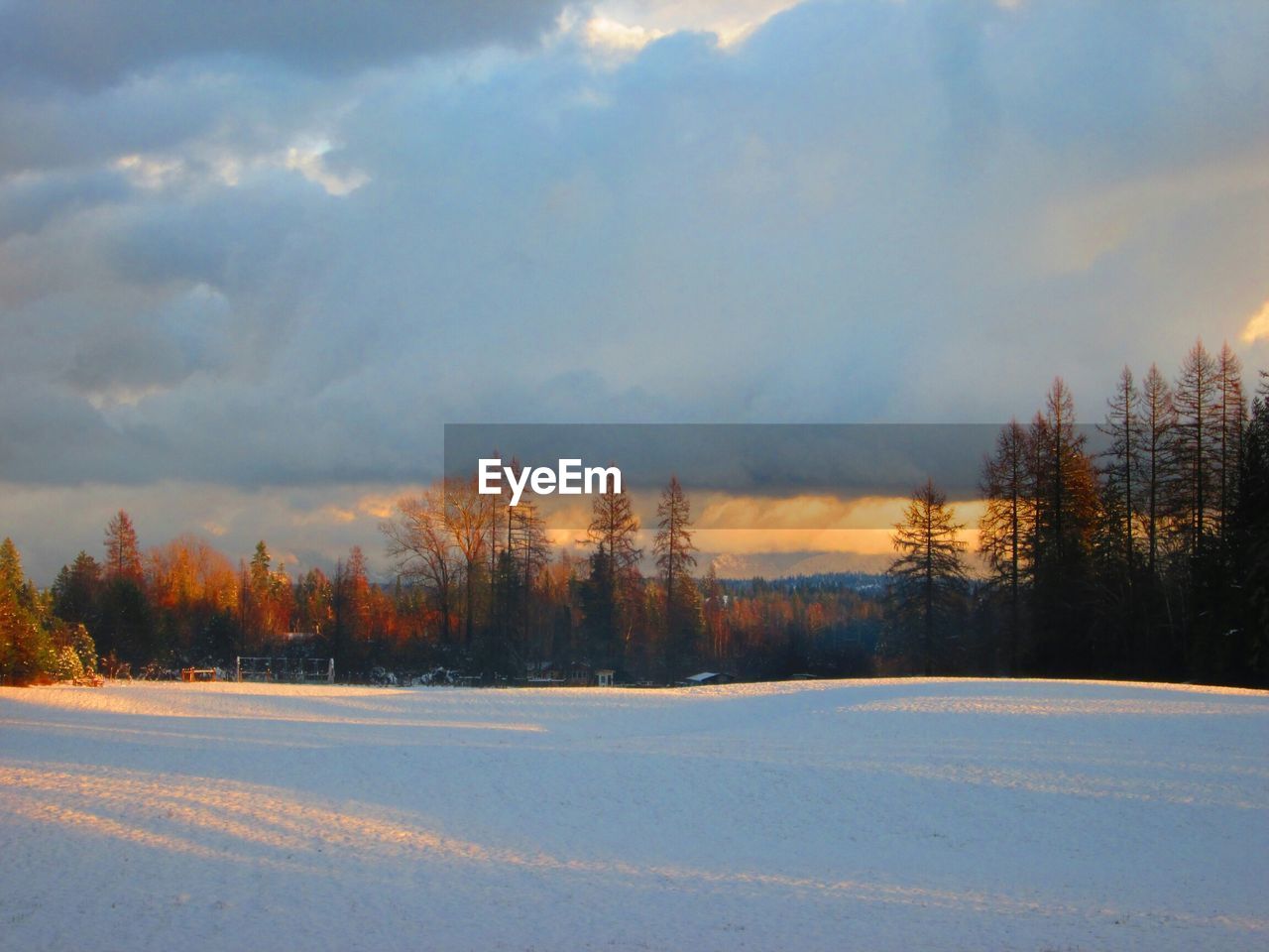 Snow covered field against cloudy sky during dusk