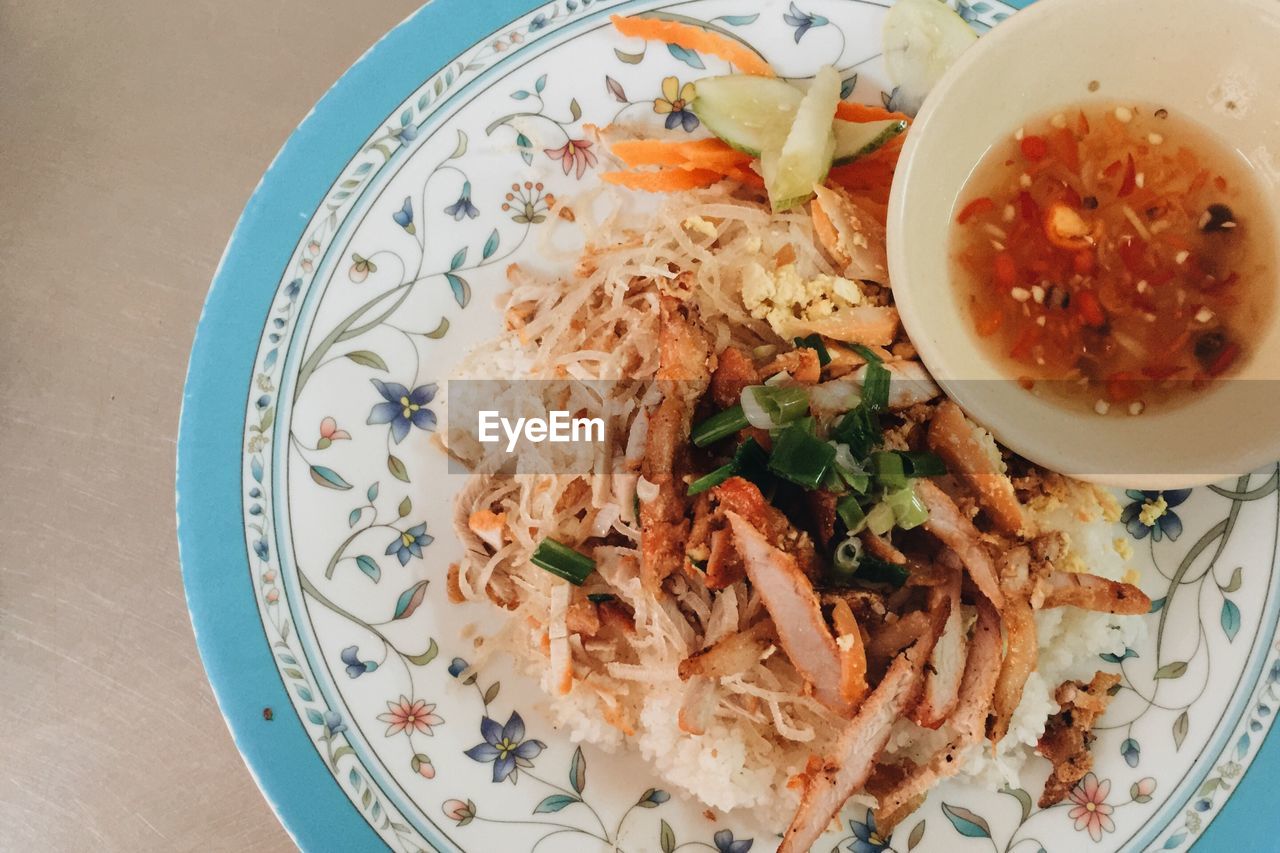 High angle view of food in plate on table