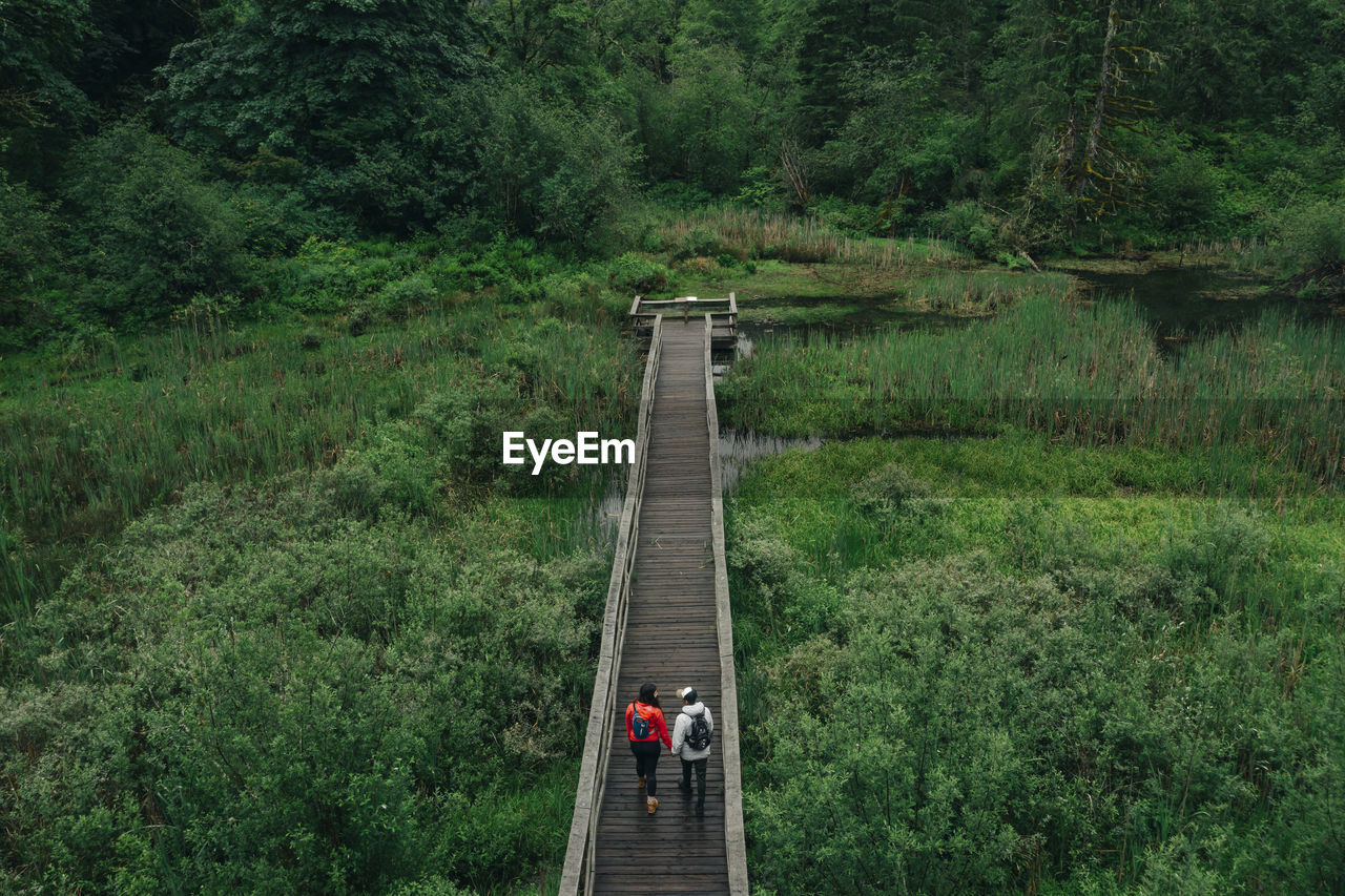 A young couple enjoys a hike on a boardwalk in the pacific northwest.