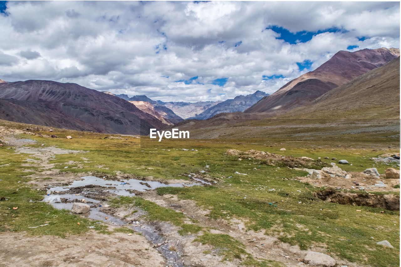 View of stream along countryside landscape